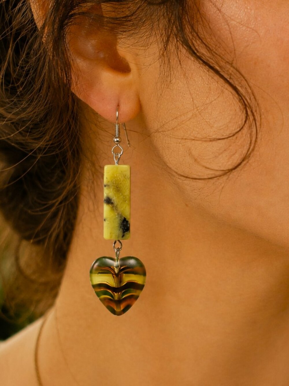 Serpentine Stone & Heart Czech Glass Earrings, Stainless Steel Hooks